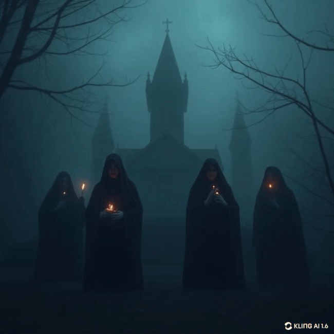 Imagen de un grupo de mujeres brujas con velos sobre sus cabezas y una vela en la mano, delante de una casa tenebrosa